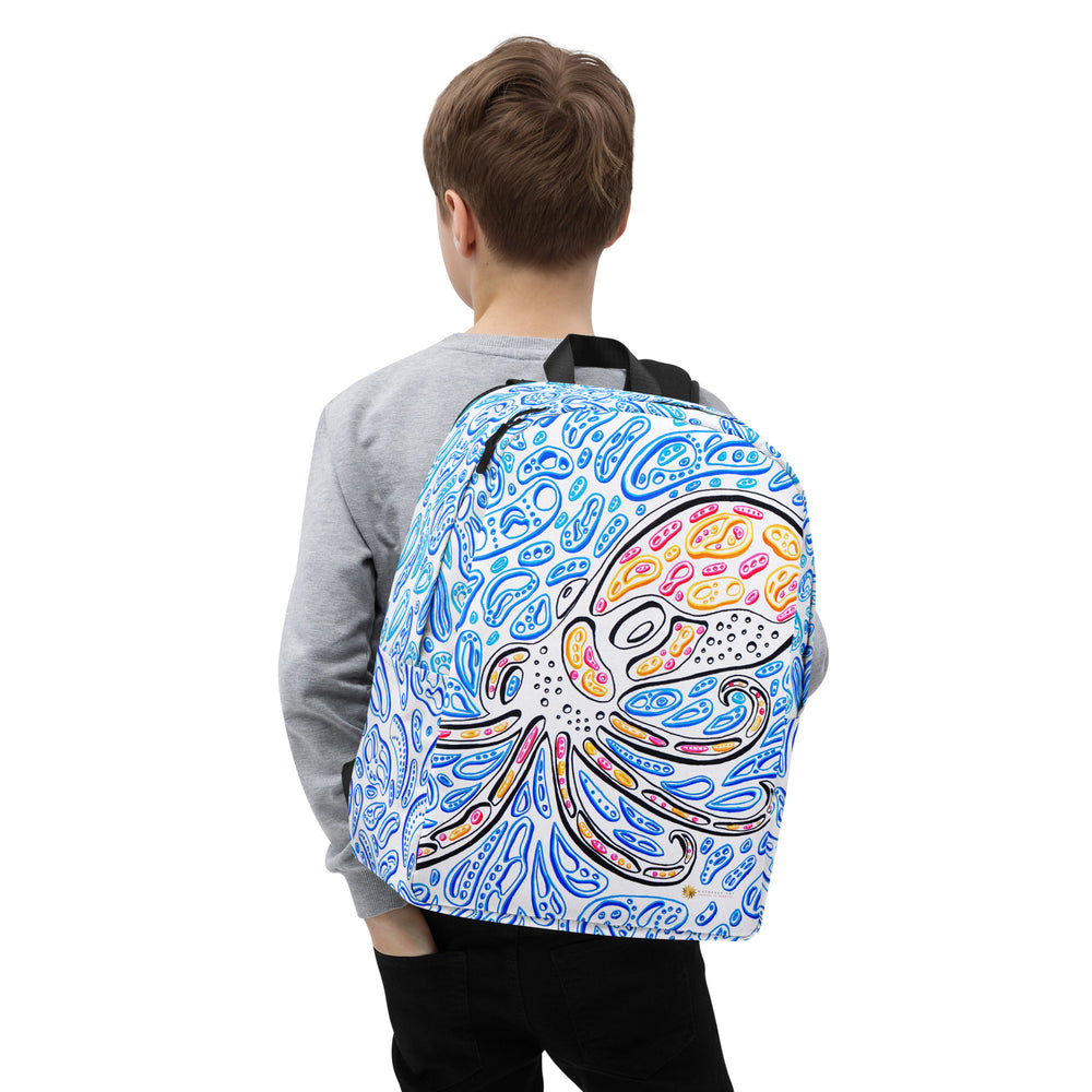 a child wearing a psychedelic octopus backpack.  The octopus is black, orange and red.  There are light and dark blue shapes that look like water.  octopus optical illusion. Artwork by Nicholas Hayes, op art artist. wearable psychedelic art. ocean vibes.  trippy octopus art.