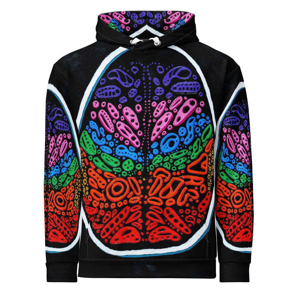 Flat-lay of Penumbra Painting No. 2 hoodie showing full abstract Penumbra artwork across chest, sleeves, and hood; kangaroo pocket and double-lined hood visible, premium all-over print statement hoodie. The design by Nicholas Hayes is of a rainbow brain. The shapes are red, orange, yellow, blue, purple and pink surrounded by a white and gray oval shape.