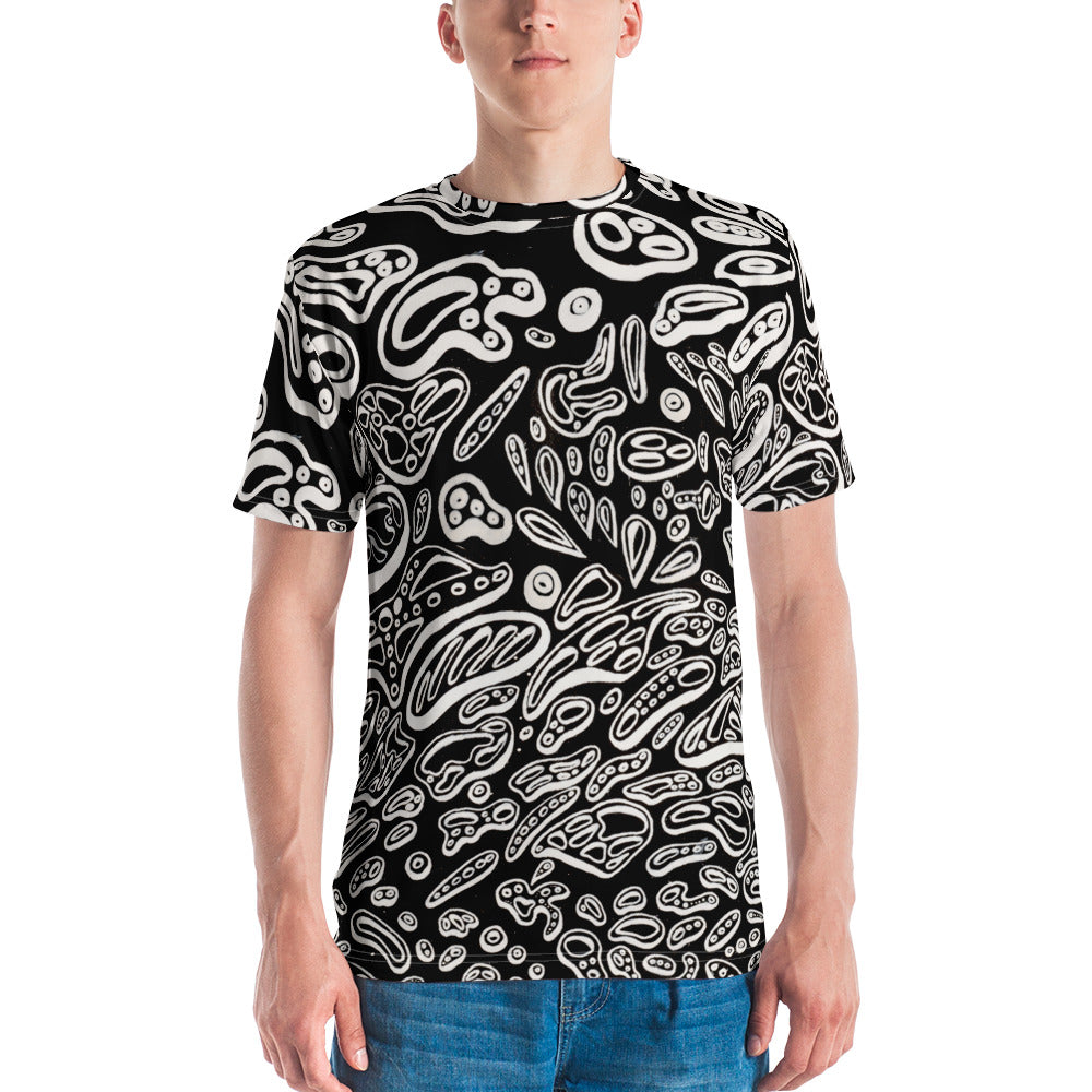 Front view of black and white psychedelic T-shirt by Chicago artist Nicholas Hayes. Regular-fit crew neck, all-over abstract print, cotton-touch polyester jersey with four-way stretch for everyday streetwear in the USA.
