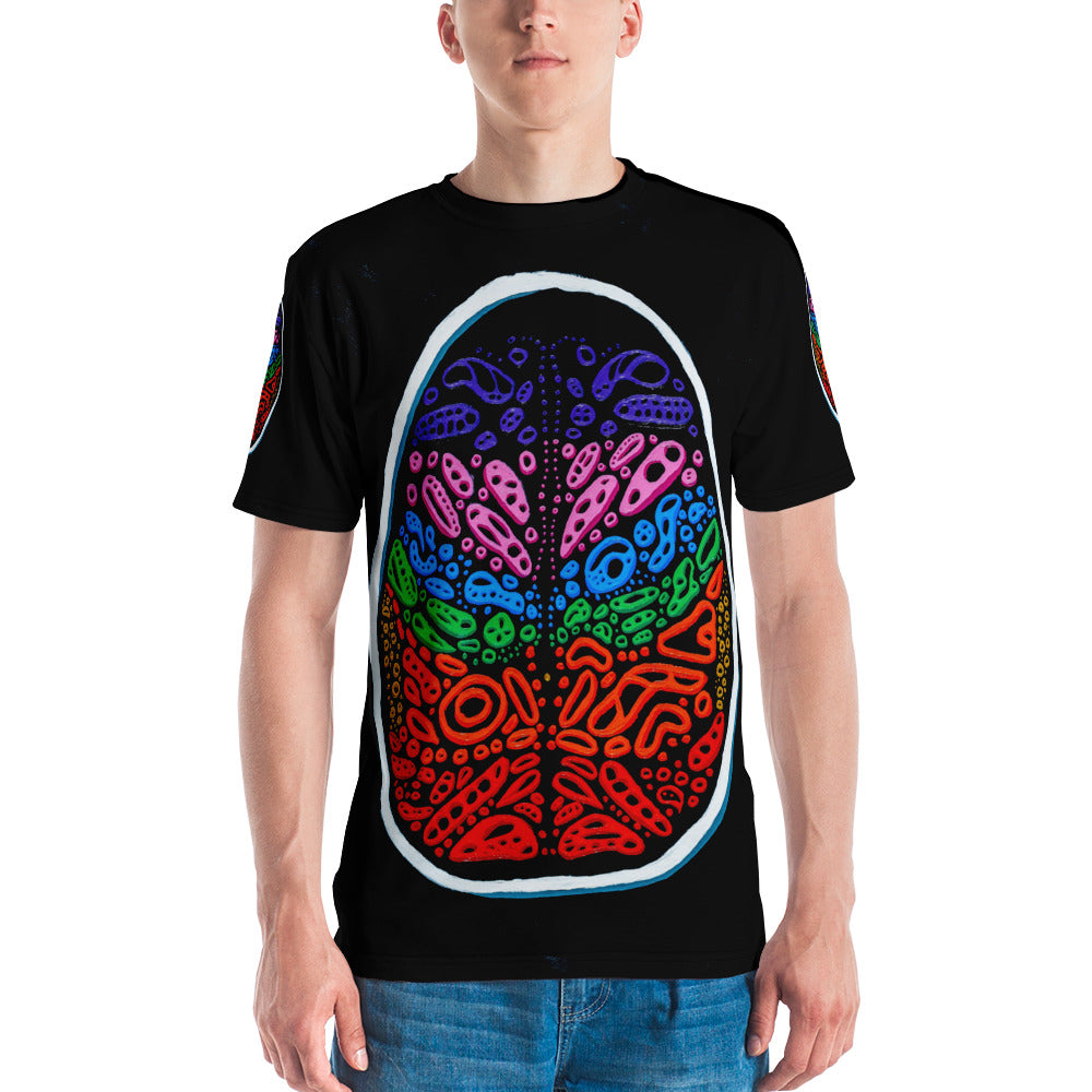Flat-lay front product image of Penumbra Painting No. 2 T-shirt showing centered abstract artwork, smooth knit jersey and straight hem; premium all-over print tee designed for vivid color, soft handfeel, and durable wear. Rainbow colored shapes throughout. Art and design by Nicholas Hayes.