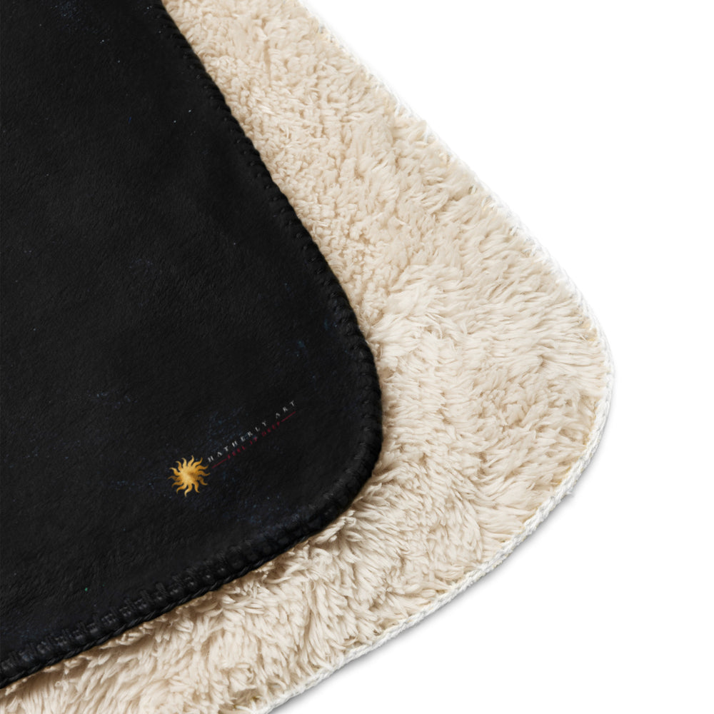 Close-up of Penumbra Painting No. 2 sherpa blanket corner, highlighting vivid abstract print, soft velvety surface fabric, fluffy sherpa backing, and neat stitching for durable, ultra-cozy designer blanket. Nicholas Hayes Art logo of a Sun with the tagline "Feel it Deep." in red lettering.