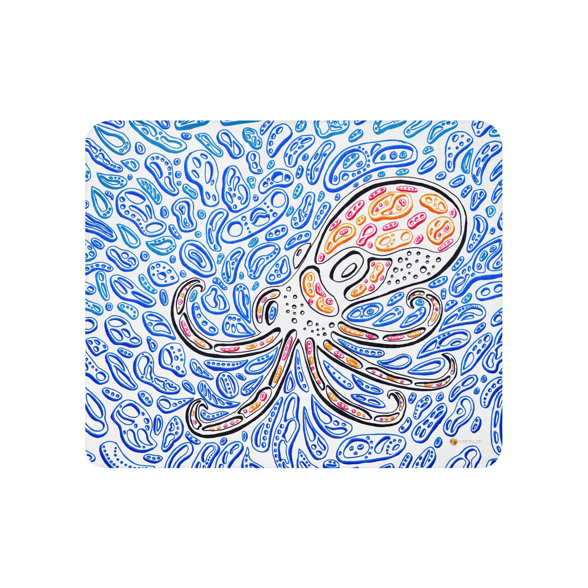 Sherpa blanket with a picture of an octopus. The octopus is red, black and orange. There are blue shapes that look like water. Optical Illusion artwork by Nicholas Hayes. op art. light blue and dark blue shapes. Octopus art. Ocean vibes. Oceanic art.