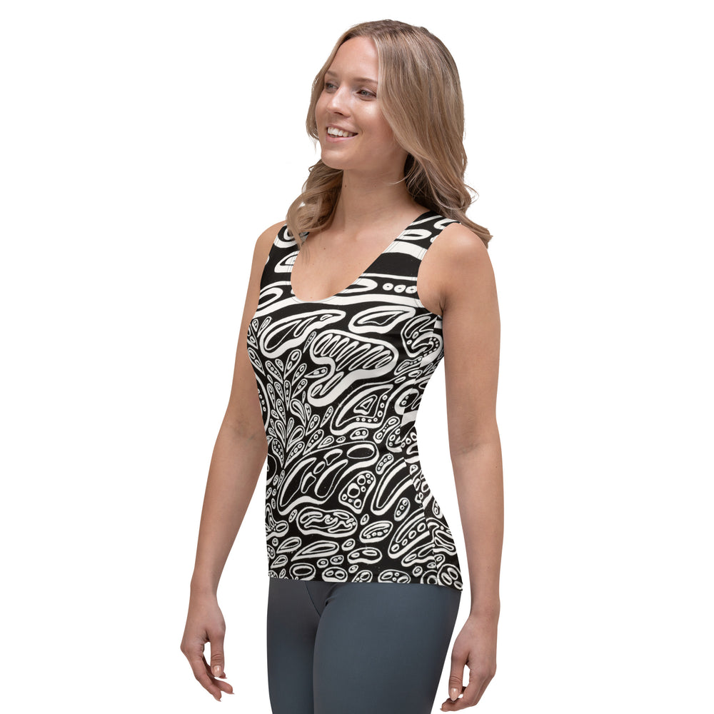 Front view of Penumbra Painting No. 1 women’s tank top by Chicago artist Nicholas Hayes. All-over psychedelic abstract print in black and white, scoop neck, smooth microfiber, four-way stretch; below-hip fit for activewear or casual streetwear.
