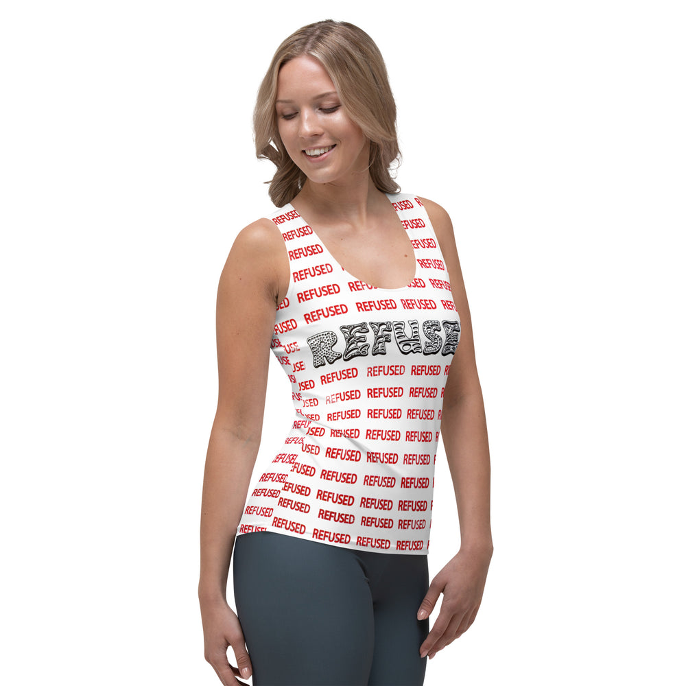 Flat-lay front product shot of Refused tank top showcasing sleeveless silhouette, scoop neckline, and seamless all-over “REFUSED” typography; highlights soft microfiber fabric, four-way stretch construction, and bold statement design.