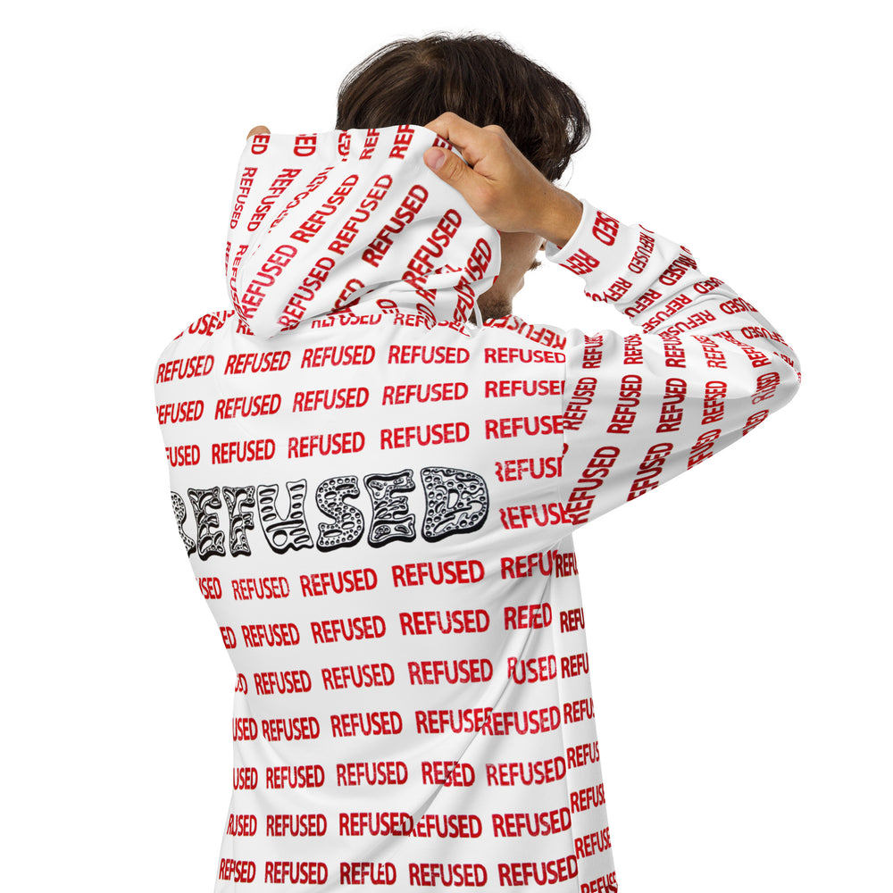 Three-quarter angle of a male wearing a white hoodie with the words "Refused" in red and black.  zip hoodie highlighting the drop-shoulder silhouette and recycled polyester blend; Nicholas Hayes’s artwork wraps across the chest and sleeves, shown with the sturdy front zipper and relaxed unisex fit for casual comfort.