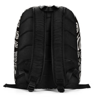 Back panel view of a travel backpack with padded ergonomic straps and breathable mesh back; adjustable hardware for a secure, comfortable fit on the trippy minimalist backpack. Art by Nicholas Hayes, a Chicago based psychedelic artist.