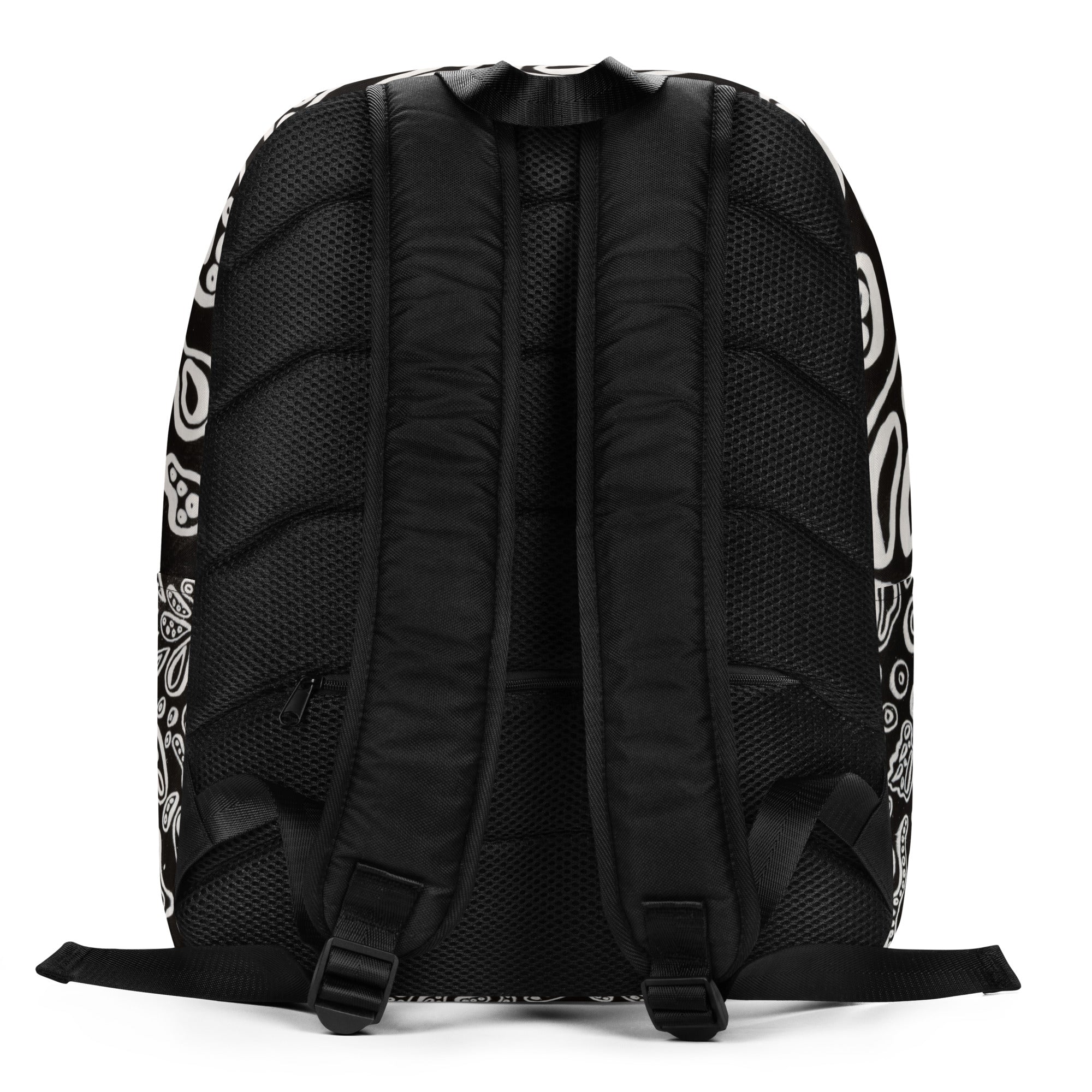 Back panel view of a travel backpack with padded ergonomic straps and breathable mesh back; adjustable hardware for a secure, comfortable fit on the trippy minimalist backpack. Art by Nicholas Hayes, a Chicago based psychedelic artist.