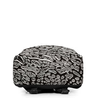 Bottom view of comfortable travel bag emphasizing the durable base, stitch lines, and full-coverage psychedelic 3D pattern; shows strap anchors and hardware for stability and everyday wear. Art by Nicholas Hayes.