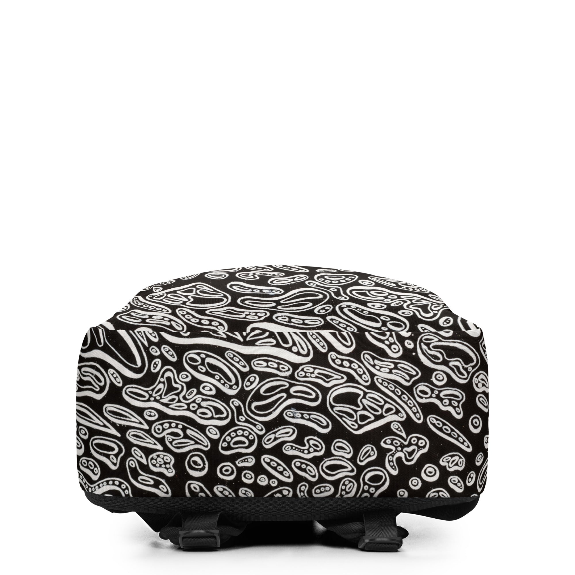 Bottom view of comfortable travel bag emphasizing the durable base, stitch lines, and full-coverage psychedelic 3D pattern; shows strap anchors and hardware for stability and everyday wear. Art by Nicholas Hayes.