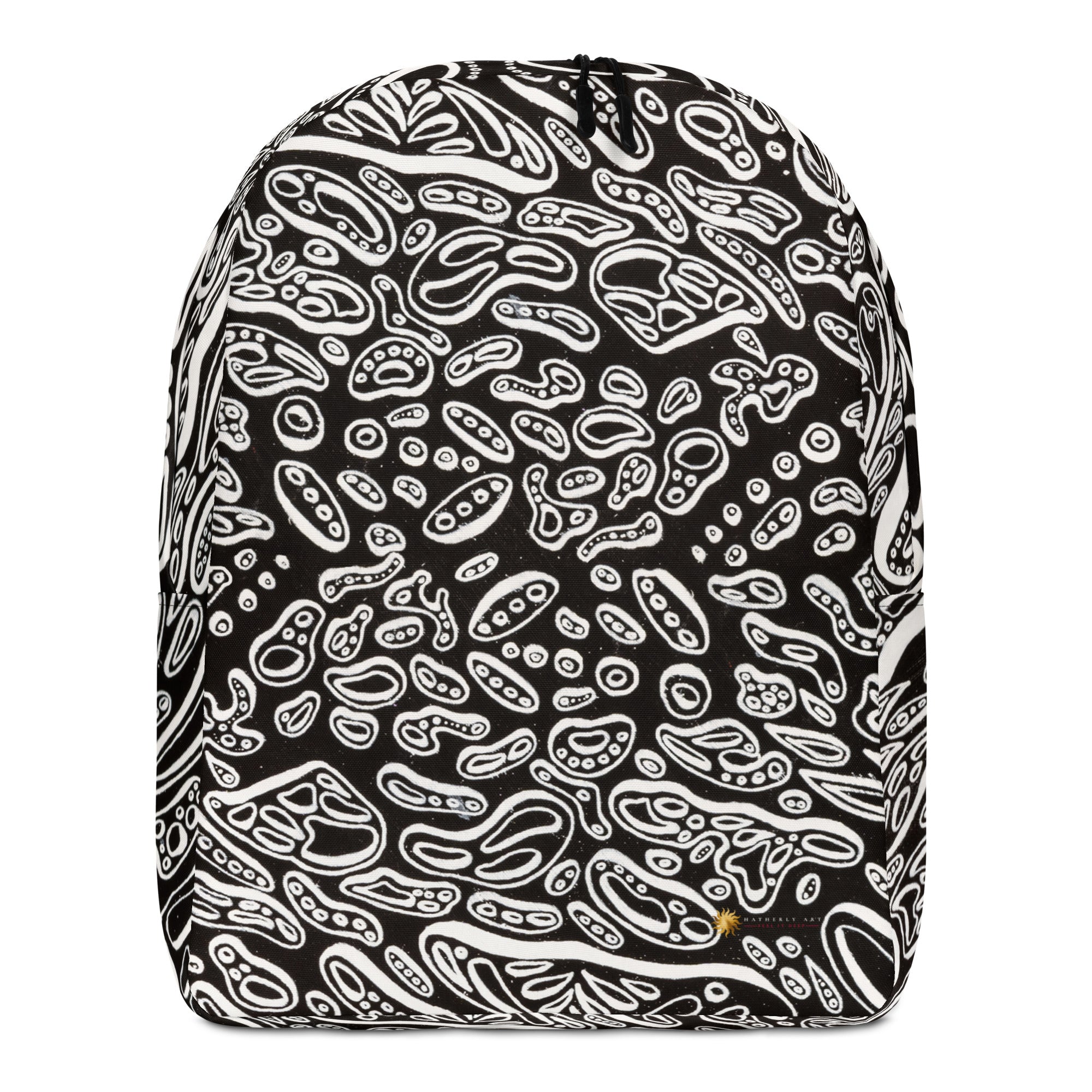 A backpack with a psychedelic black and white geometric pattern, featuring a water-resistant daily carry with multiple roomy compartments. Artwork by Nicholas Hayes.