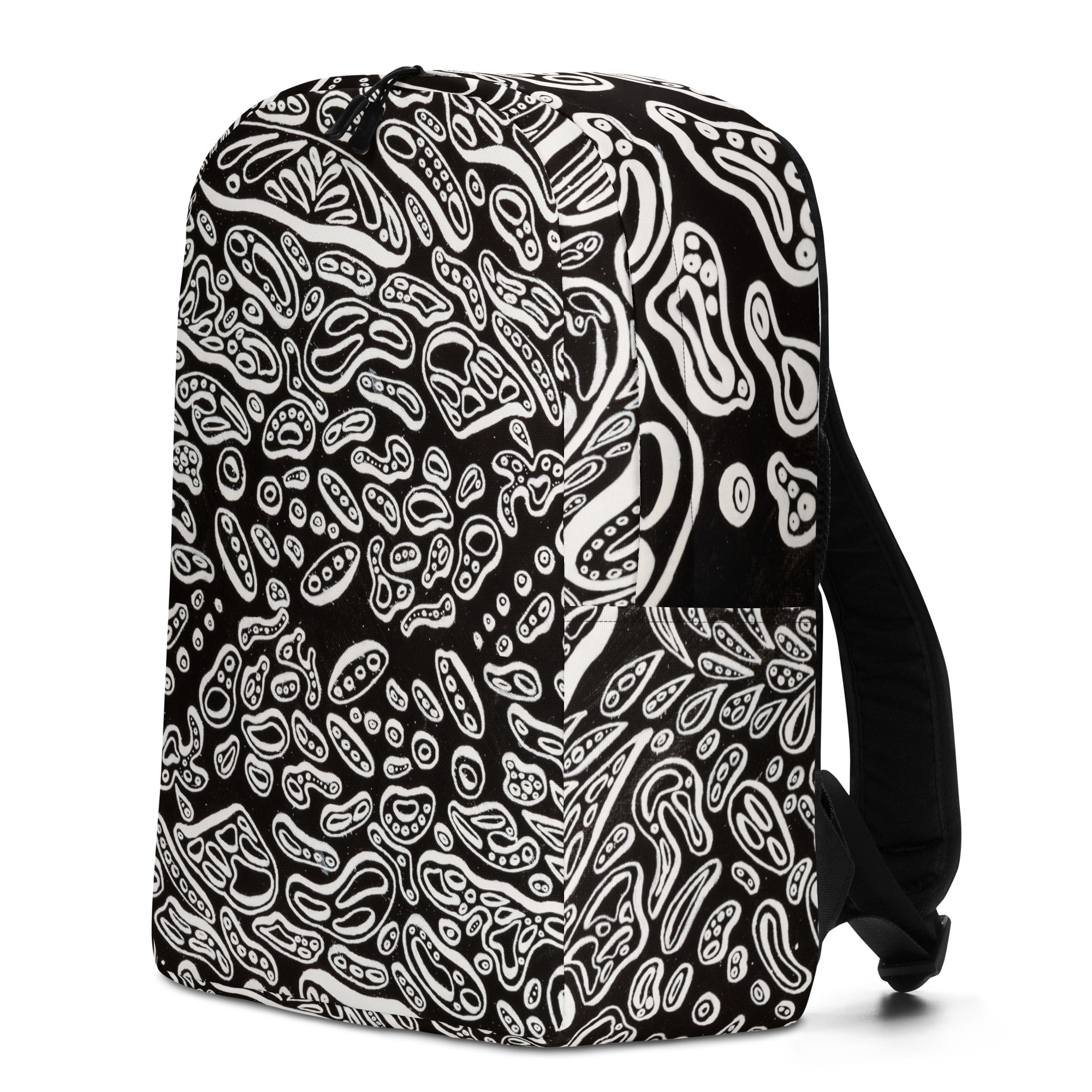 Left-front three-quarter product angle highlighting seamless wrap of the trippy three dimensional artwork across front and side panels; minimalist silhouette designed for school, office, or carry-on use. Nicholas Hayes Art.