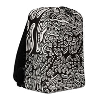 Right-front three-quarter product angle. Backpack features original trippy design by artist Nicholas Hayes.  Clean panel lines, dual-pull top zipper, and vivid Penumbra 3D shapes pattern across the shell for a modern gallery-inspired daypack. Shapes look like white cells, mitochondria. 