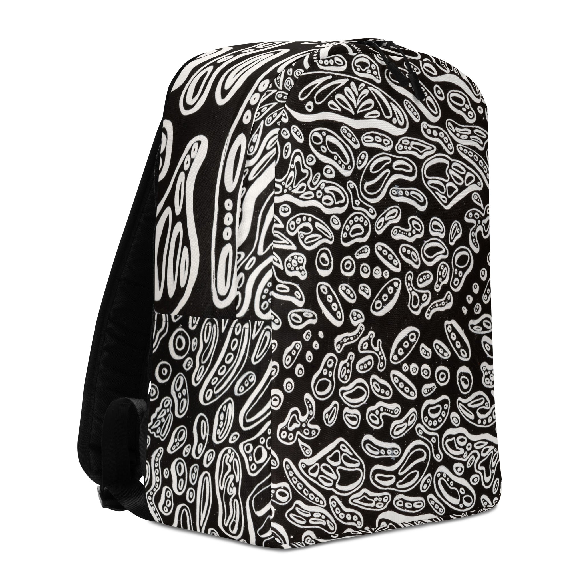 Right-front three-quarter product angle. Backpack features original trippy design by artist Nicholas Hayes.  Clean panel lines, dual-pull top zipper, and vivid Penumbra 3D shapes pattern across the shell for a modern gallery-inspired daypack. Shapes look like white cells, mitochondria. 