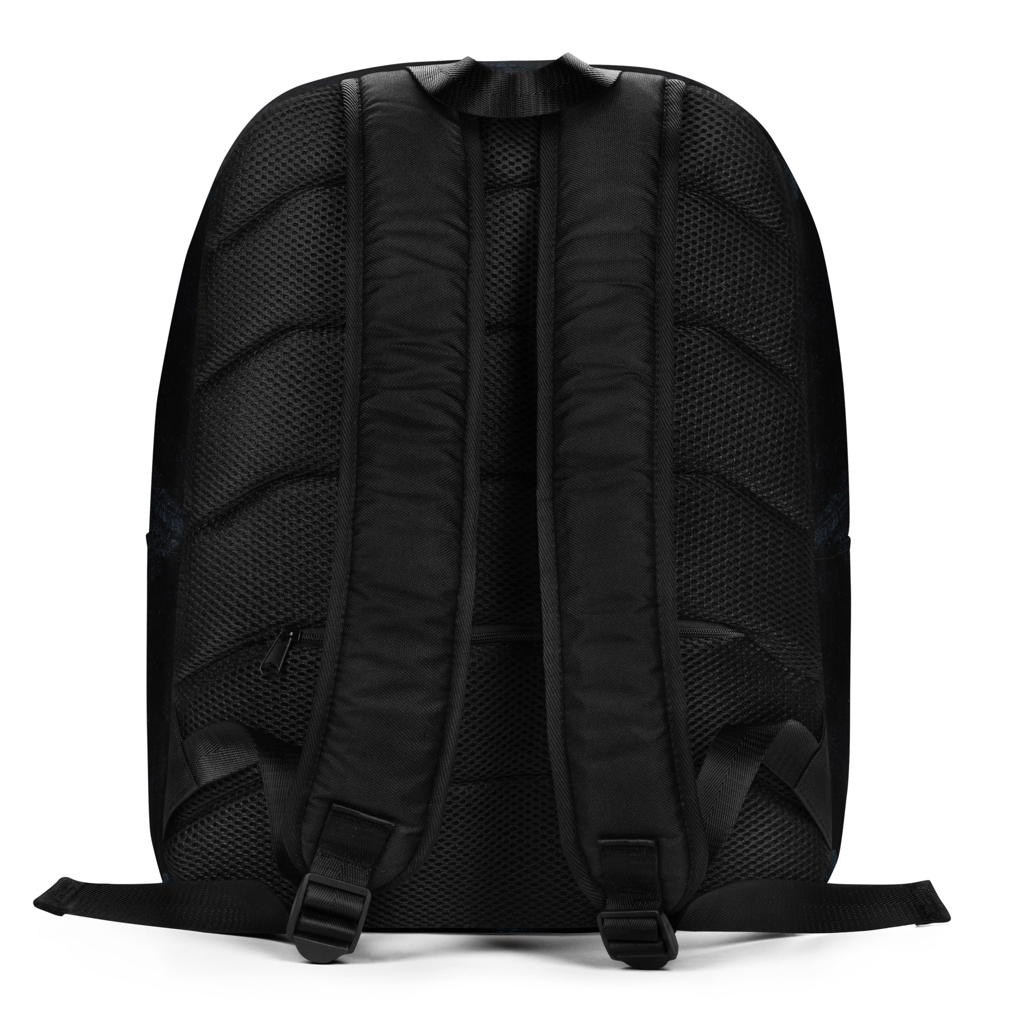 Back panel view showing padded ergonomic straps and breathable mesh back on the Penumbra minimalist backpack; adjustable hardware for secure fit and comfortable all-day carry. Nicholas Hayes Art.