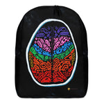 A multicolored geometric pattern backpack with a prominent mandala design on a black background. Front view of the Penumbra Painting No. 2 minimalist backpack by Chicago artist Nicholas Hayes. White shell with abstract Penumbra print; water-resistant daily carry with roomy main compartment for school, travel, or work.