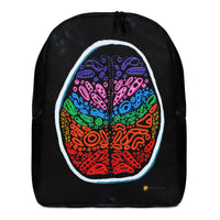 A multicolored geometric pattern backpack with a prominent mandala design on a black background. Front view of the Penumbra Painting No. 2 minimalist backpack by Chicago artist Nicholas Hayes. White shell with abstract Penumbra print; water-resistant daily carry with roomy main compartment for school, travel, or work.