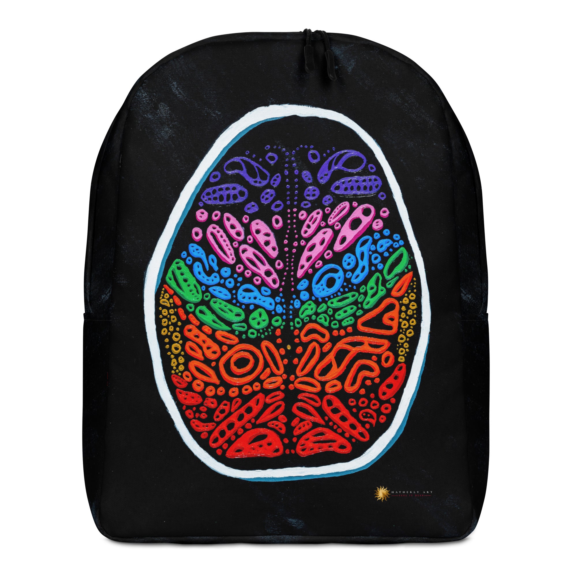 A multicolored geometric pattern backpack with a prominent mandala design on a black background. Front view of the Penumbra Painting No. 2 minimalist backpack by Chicago artist Nicholas Hayes. White shell with abstract Penumbra print; water-resistant daily carry with roomy main compartment for school, travel, or work.