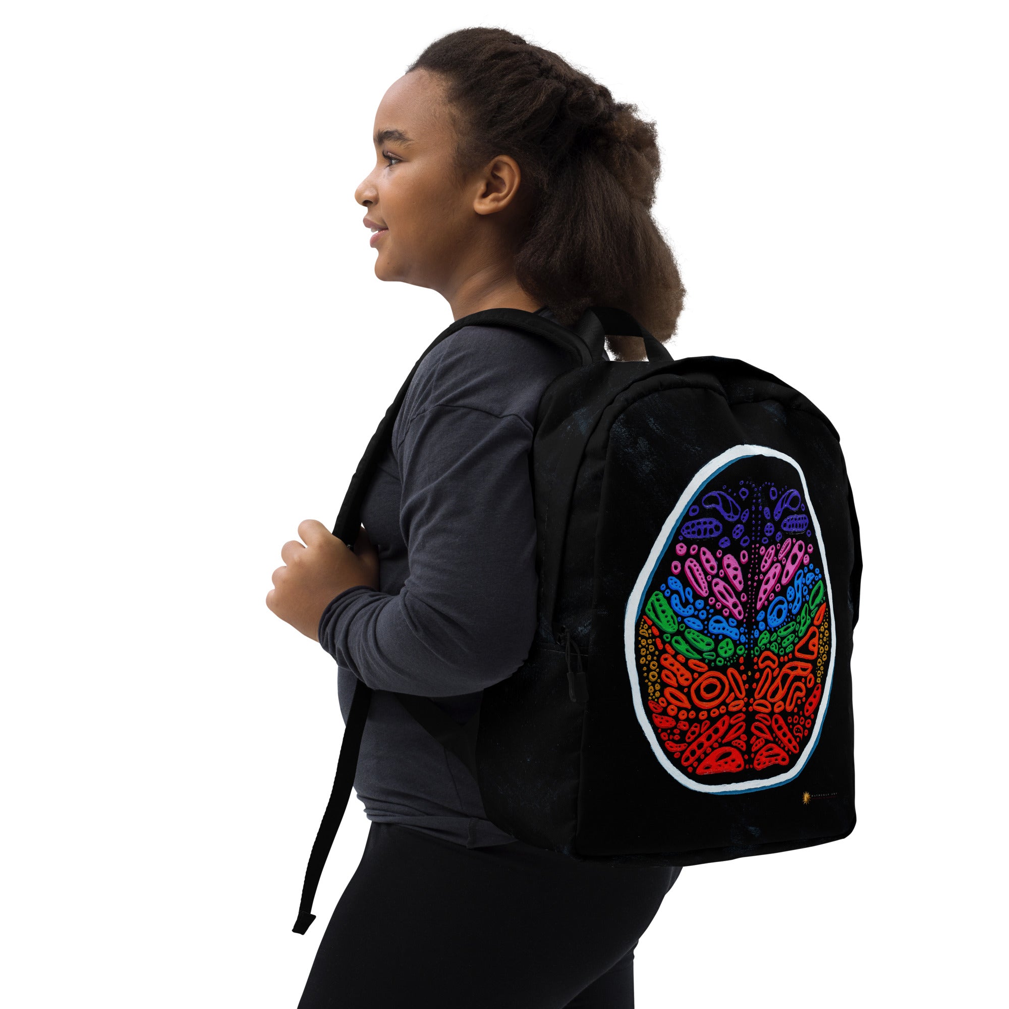 Lifestyle hanger shot. Penumbra Painting No. 2 backpack displayed against a tiled wall, showcasing the white shell, abstract all-over print, and bold wordmark; styled to show modern aesthetic, size, and scale. Artwork and design by Nicholas Hayes.