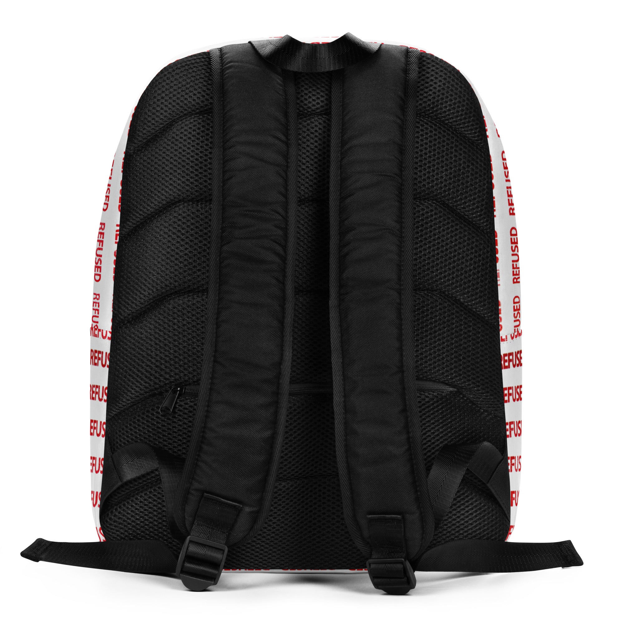 Back panel view showing padded ergonomic straps and breathable mesh back on the Refused minimalist backpack; adjustable hardware for secure fit and comfortable carry. Design and artwork by Nicholas Hayes. 