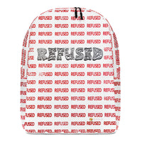 Front view of the Refused minimalist backpack by Chicago artist Nicholas Hayes. White shell with all-over red “REFUSED” pattern and large black wordmark; water-resistant daily carry with roomy main compartment.