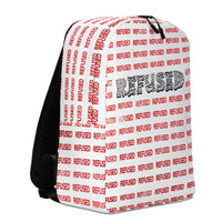 Right-front three-quarter product angle of the Refused backpack—clean panel lines, top zip with dual pulls, and repeating red “REFUSED” typography across the shell for a striking streetwear look. Designed by Nicholas Hayes, Chicago based optical art artist. 