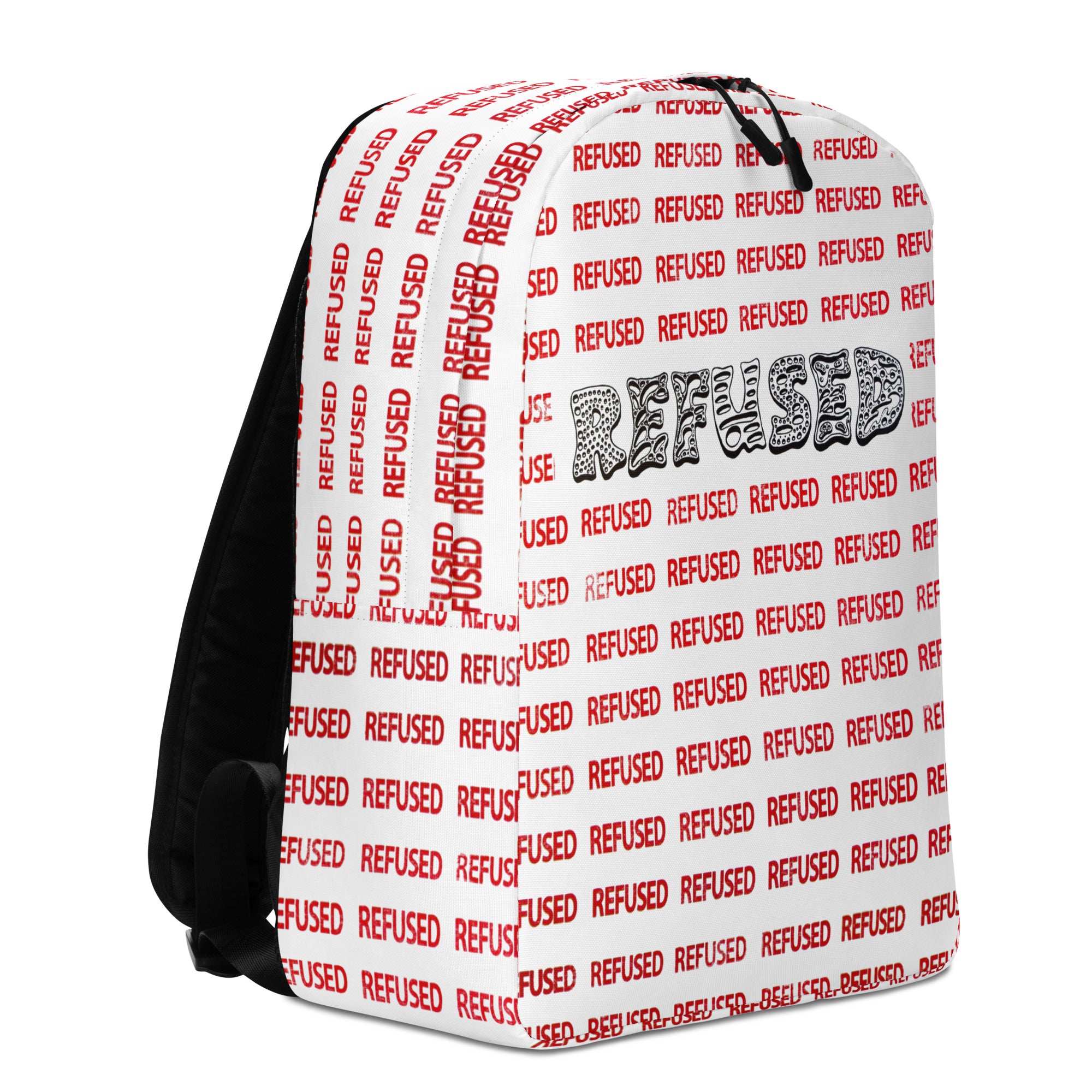 Right-front three-quarter product angle of the Refused backpack—clean panel lines, top zip with dual pulls, and repeating red “REFUSED” typography across the shell for a striking streetwear look. Designed by Nicholas Hayes, Chicago based optical art artist. 