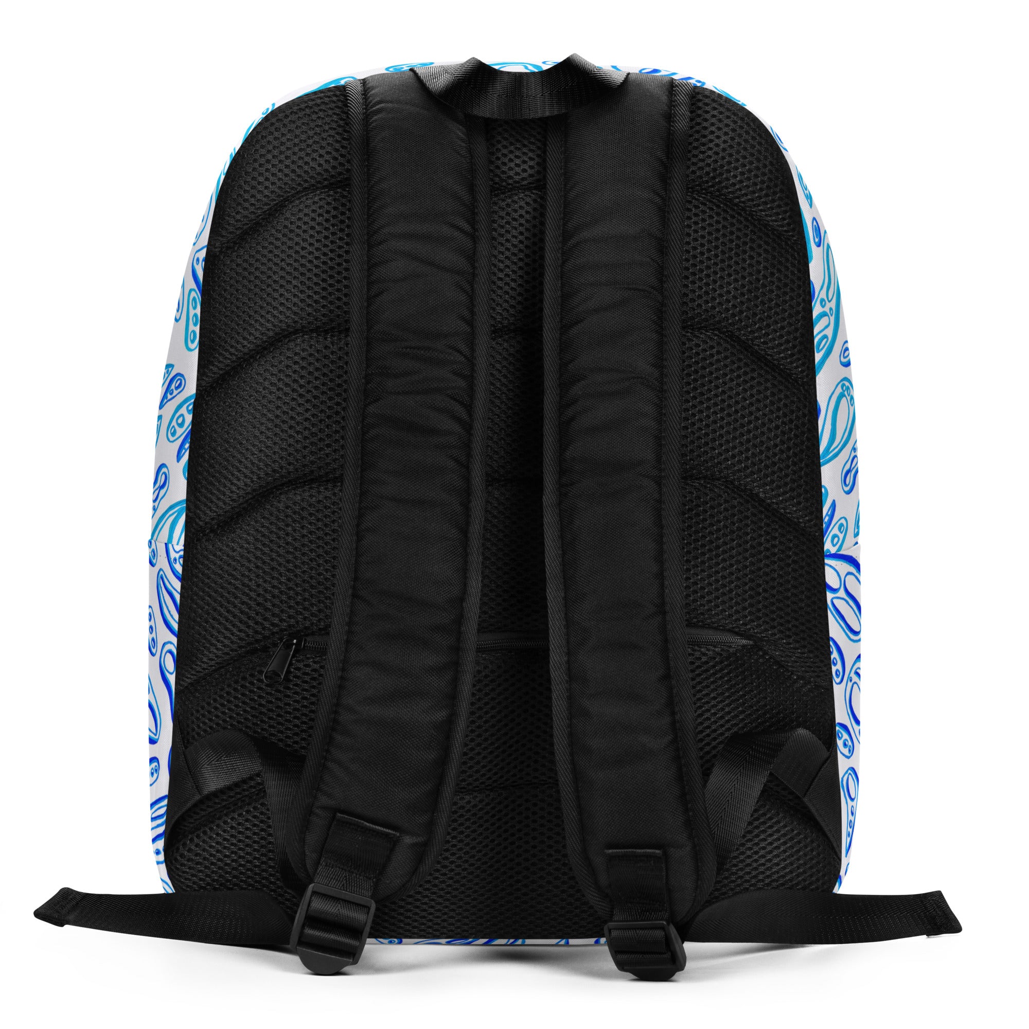 the reverse side of a backpack with black straps and blue shapes on a white background. Nicholas Hayes artist.  trippy octopus. 