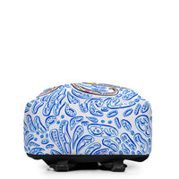 the bottom of a psychedelic octopus backpack.  There are blue shapes that look like water.  optical illusion art.  Octopus tentacles of red and orange and black.  op art by Nicholas Hayes.  Optical illusion wearable art. 