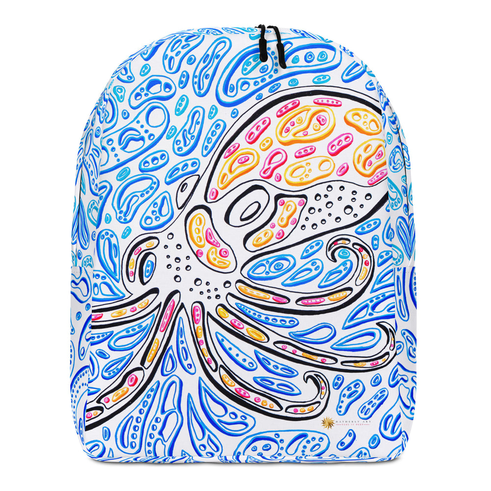 an orange and red octopus printed on a backpack.  The Octopus is swimming in blue shapes on a white background that resemble water.  Optical illusion artwork. op art by Nicholas Hayes Art.  octopus artwork.  optical art. trippy octopus. 