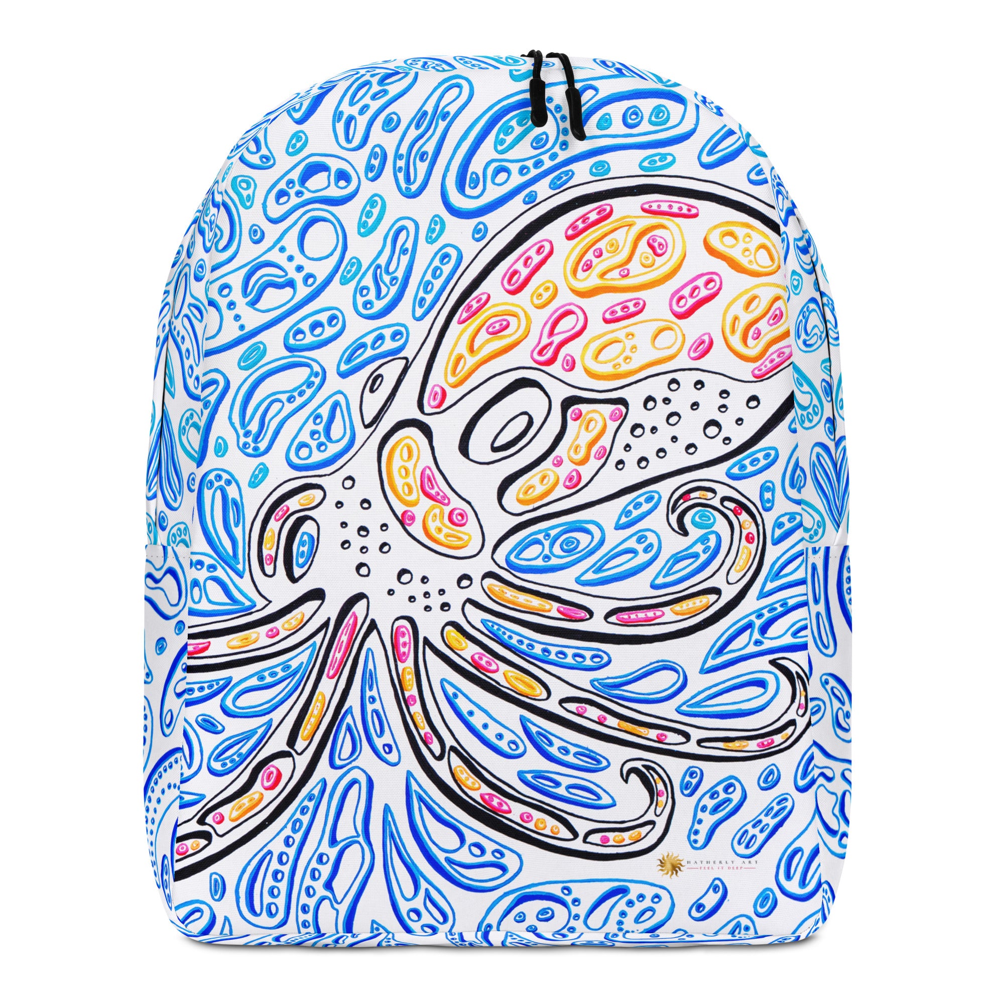 an orange and red octopus printed on a backpack.  The Octopus is swimming in blue shapes on a white background that resemble water.  Optical illusion artwork. op art by Nicholas Hayes Art.  octopus artwork.  optical art. trippy octopus. 