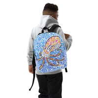 a young child wearing a psychedelic octopus backpack.  The shapes are multicolored. the octopus is orange and red.  trippy psychedelic artwork by Nicholas Hayes, optical art artist.  trippy wearable octopus backpack.