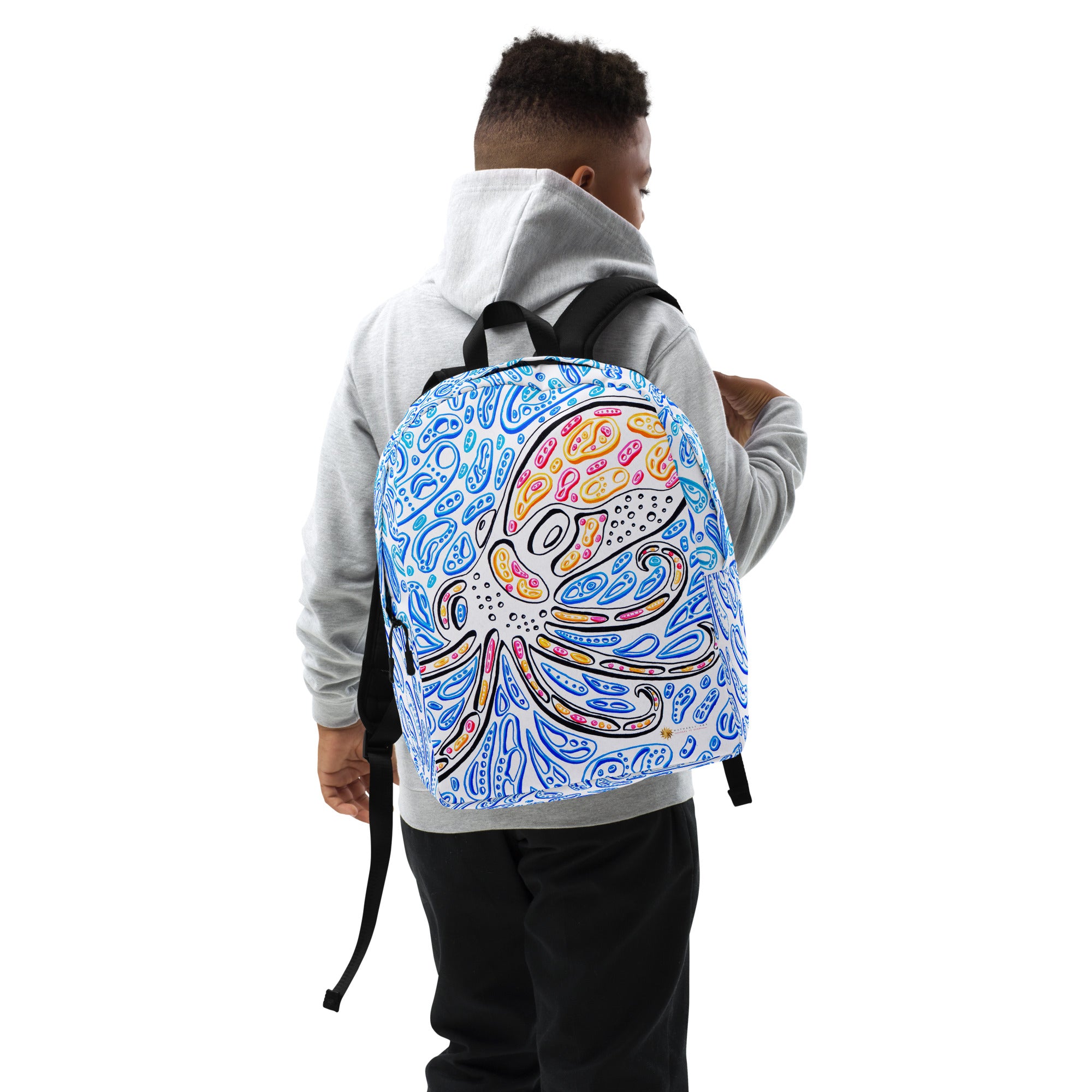 a young child wearing a psychedelic octopus backpack.  The shapes are multicolored. the octopus is orange and red.  trippy psychedelic artwork by Nicholas Hayes, optical art artist.  trippy wearable octopus backpack.