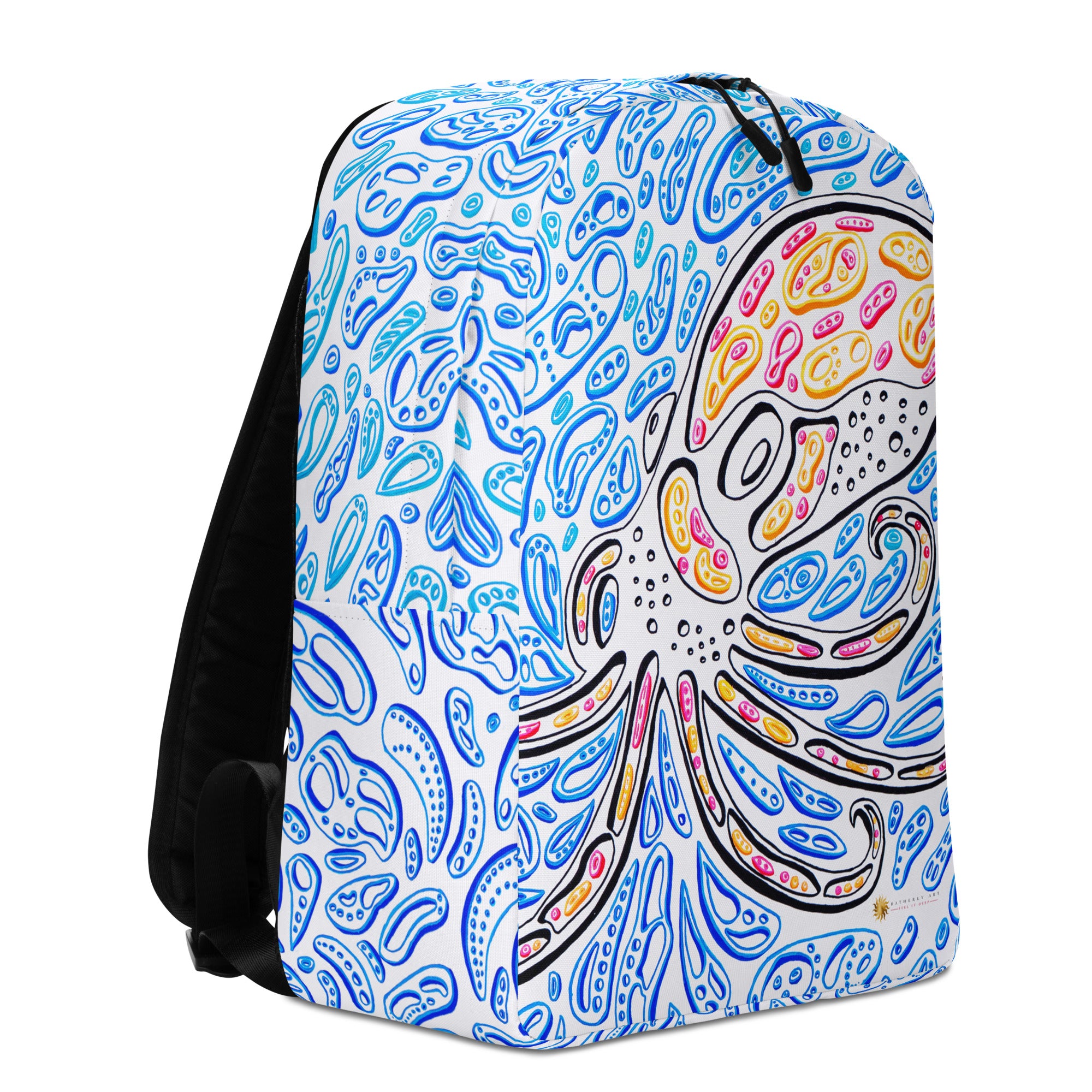 an image of a backpack with a trippy  octopus printed on it. red octopus.  black octopus. orange octopus.  psychedelic blue shapes look like water. Nicholas Hayes Art. optical illusion artwork.  trippy painting.  awesome art by Nicholas Hayes.