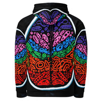Back view of Penumbra Painting No. 2 hoodie. Full-coverage Penumbra abstract design on hood and body, double-lined hood shown; contemporary art hoodie for bold everyday wear. Rainbow colored shapes throughout the sweater. 