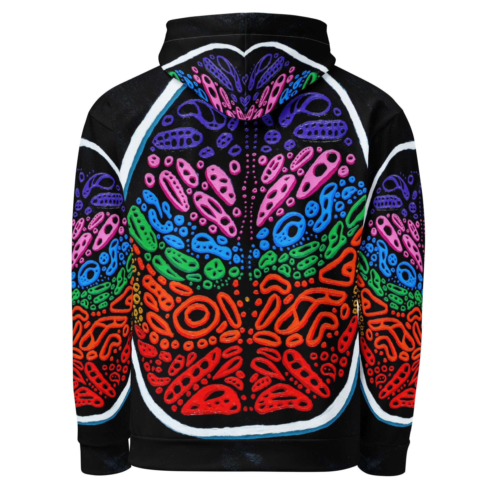 Back view of Penumbra Painting No. 2 hoodie. Full-coverage Penumbra abstract design on hood and body, double-lined hood shown; contemporary art hoodie for bold everyday wear. Rainbow colored shapes throughout the sweater. 