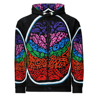 Flat-lay of Penumbra Painting No. 2 hoodie showing full abstract Penumbra artwork across chest, sleeves, and hood; kangaroo pocket and double-lined hood visible, premium all-over print statement hoodie. The design by Nicholas Hayes is of a rainbow brain. The shapes are red, orange, yellow, blue, purple and pink surrounded by a white and gray oval shape. 