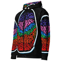 Three-quarter front angle of Penumbra Painting No. 2 hoodie highlighting seamless wraparound artwork, relaxed unisex silhouette, and smooth fabric surface for modern streetwear style. Art by Nicholas Hayes.