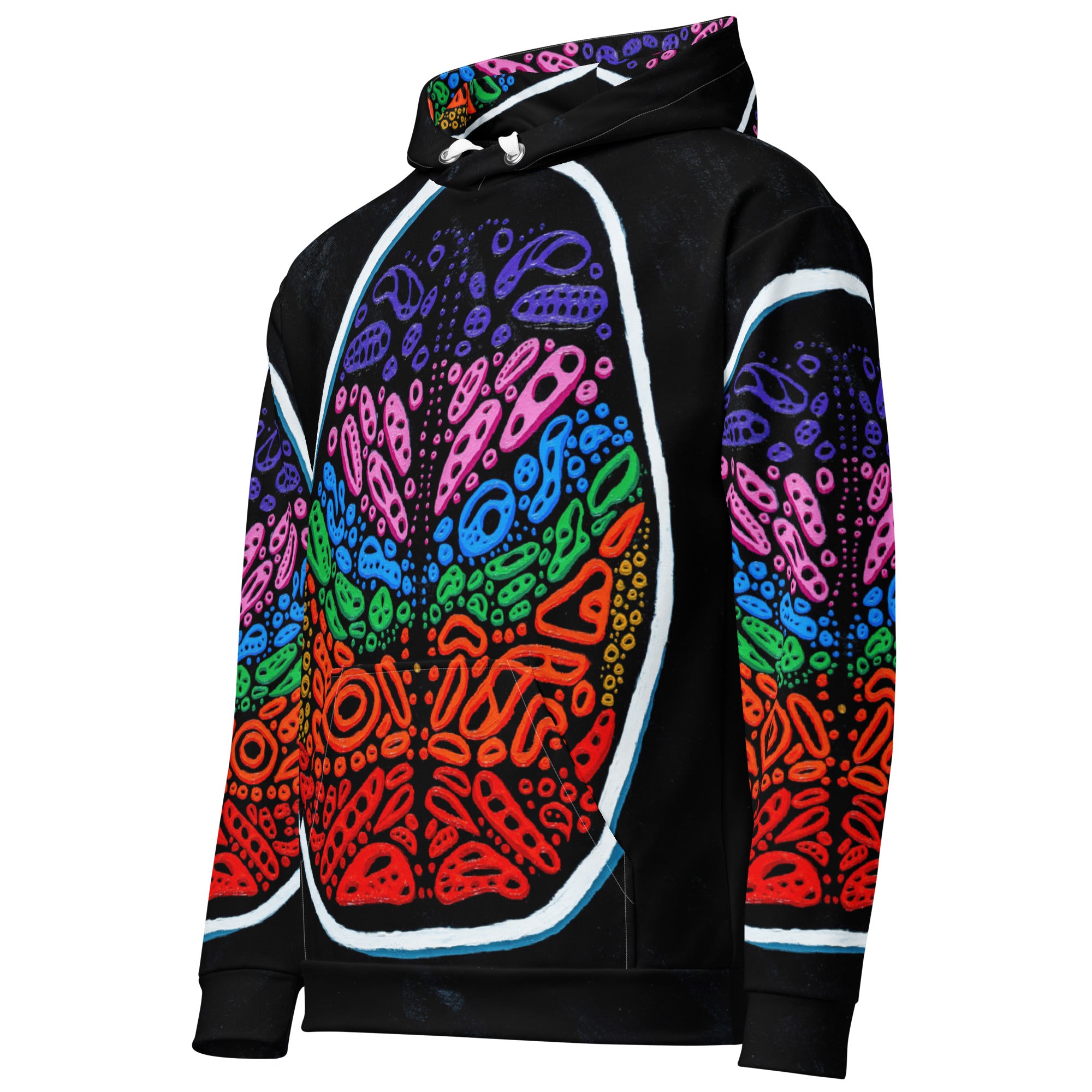 Three-quarter front angle of Penumbra Painting No. 2 hoodie highlighting seamless wraparound artwork, relaxed unisex silhouette, and smooth fabric surface for modern streetwear style. Art by Nicholas Hayes.
