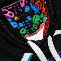 Close-up of Penumbra Painting No. 2 hoodie neckline and hood showing detailed print, clean stitching, metal-grommet drawstrings, and Nicholas Hayes Art inner logo patch for premium construction.