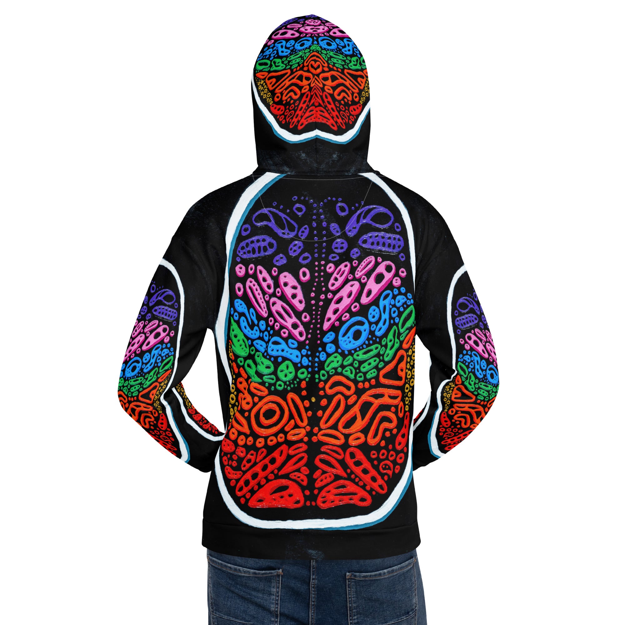 Back view on model of Penumbra Painting No. 2 hoodie. Double-lined hood up, Penumbra artwork centered across back, showcasing coverage, hem length, and bold gallery-inspired design. Art and design by Nicholas Hayes. 