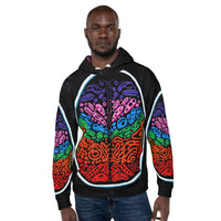 A man wearing a multicolored hoodie with a geometric pattern of a brain. Front view of Penumbra Painting No. 2 hoodie by Chicago artist Nicholas Hayes. Unisex relaxed fit, all-over abstract Penumbra print, kangaroo pocket, drawstring hood, soft cotton-feel face and brushed-fleece lining for cozy wearable art.