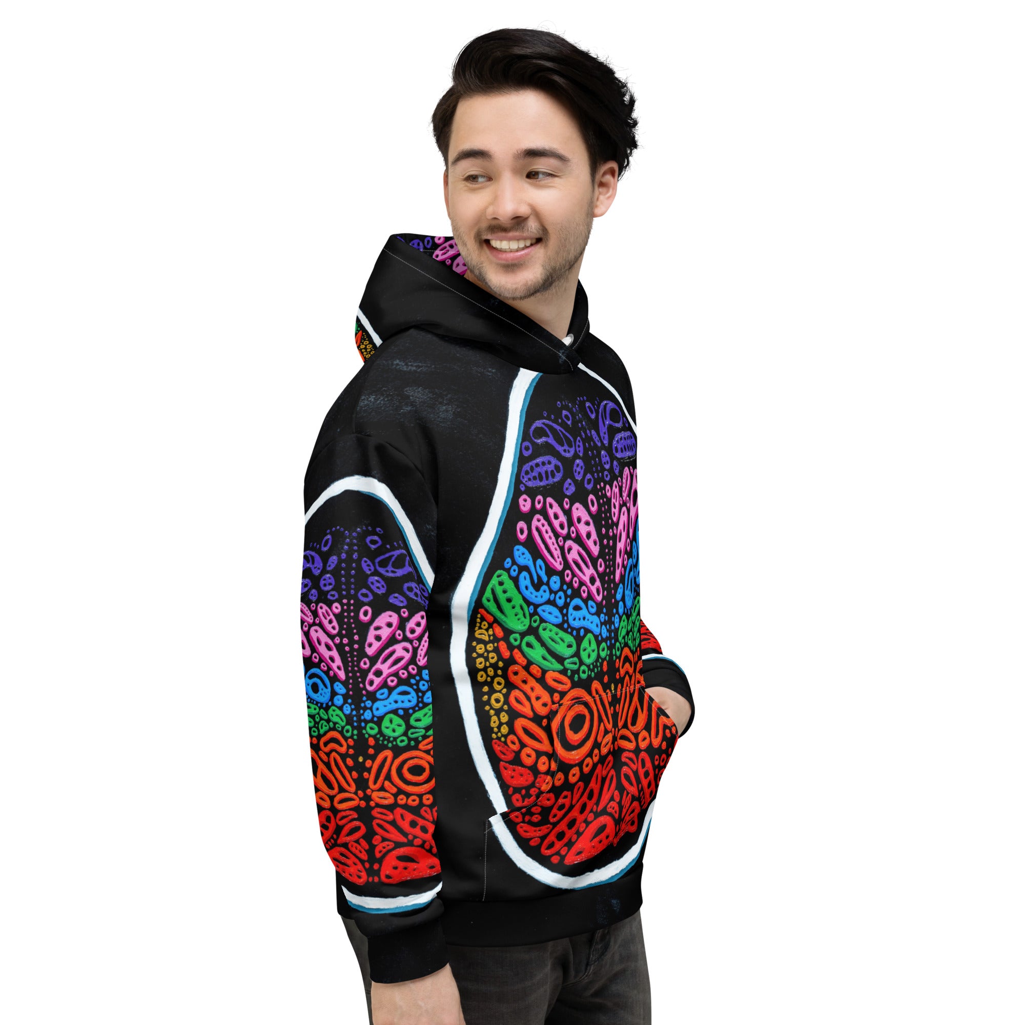 Angled back view on model highlighting how the Penumbra Painting No. 2 by Nicholas Hayes print wraps smoothly across hood, shoulders, and torso; relaxed unisex hoodie styled for everyday streetwear.