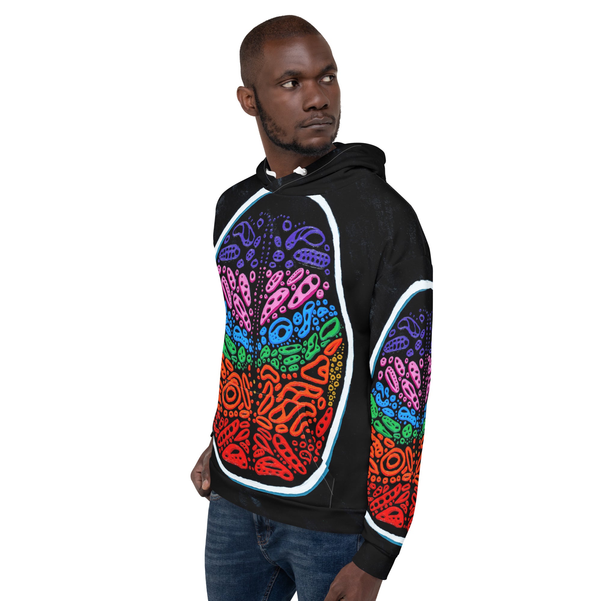 Fabric close-up of Penumbra Painting No. 2 hoodie—95% recycled polyester, 5% spandex with smooth cotton-feel face and crisp Penumbra print, showing soft brushed-fleece inside and durable wearable-art quality.