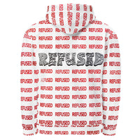 Flat-lay back view of the Refused hoodie with the large black “REFUSED” wordmark centered across the back over the repeating red pattern; double-lined hood shown.