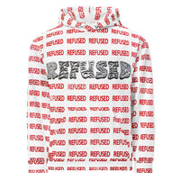 Flat-lay front product image of the Refused hoodie showing the bold black “REFUSED” logotype across the chest over repeating red “REFUSED” pattern; kangaroo pocket and double-lined hood visible.