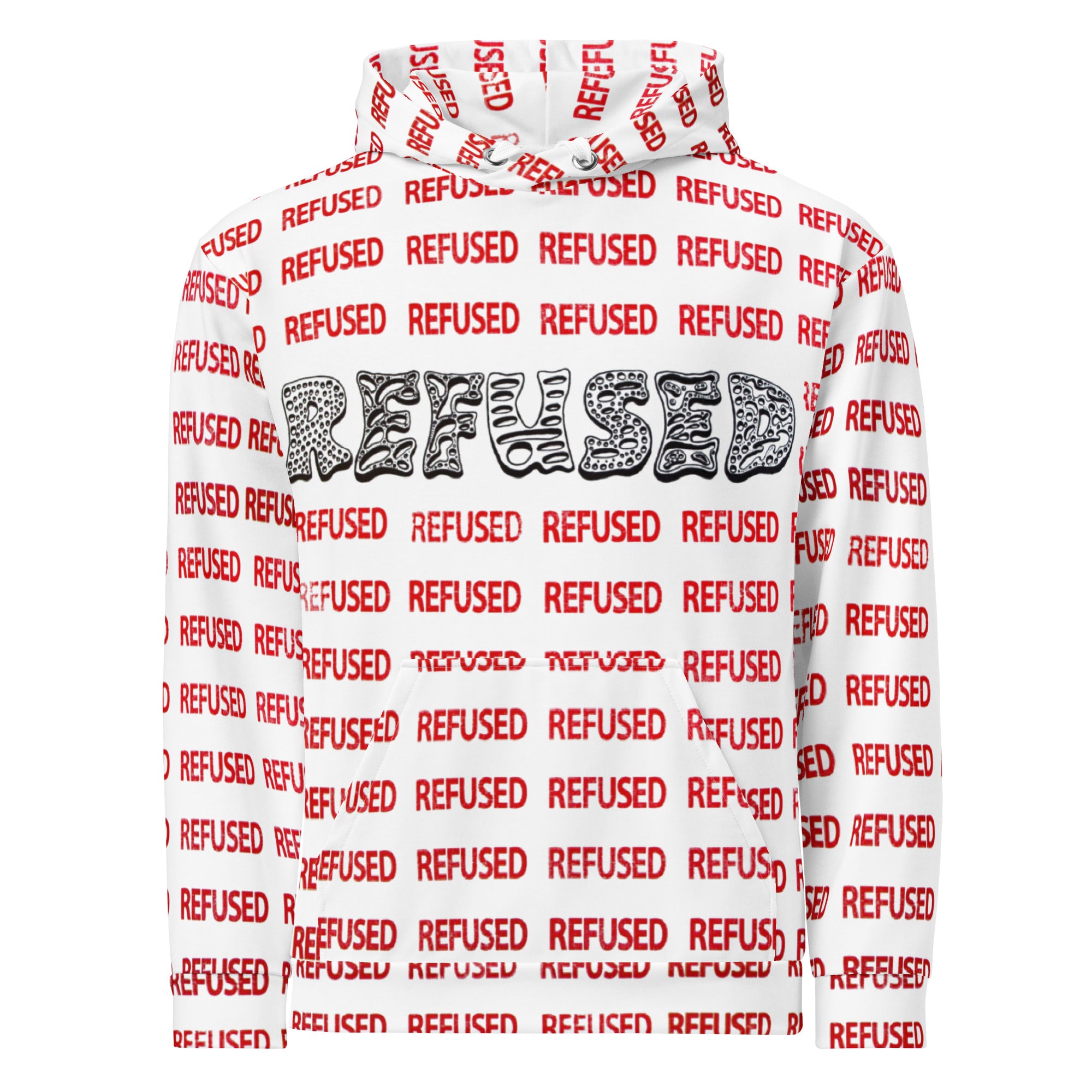 Flat-lay front product image of the Refused hoodie showing the bold black “REFUSED” logotype across the chest over repeating red “REFUSED” pattern; kangaroo pocket and double-lined hood visible.