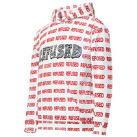Angled left-front product view highlighting the chest graphic, repeating red “REFUSED” pattern, and smooth fabric surface; relaxed silhouette suitable for casual streetwear.