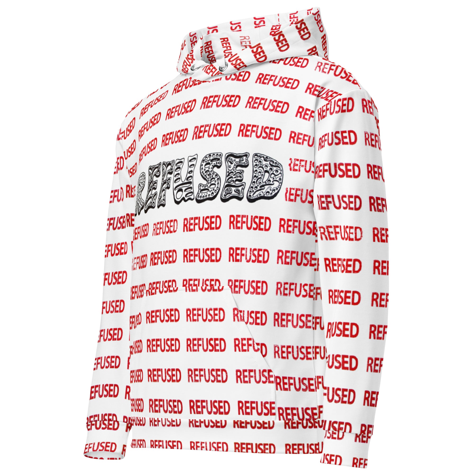 Angled left-front product view highlighting the chest graphic, repeating red “REFUSED” pattern, and smooth fabric surface; relaxed silhouette suitable for casual streetwear.