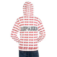 Back view on model with hood up, highlighting the large “REFUSED” back graphic and full wraparound pattern; hem and cuffs shown for fit reference.  Refused in a red repeating pattern designed by Nicholas Hayes.