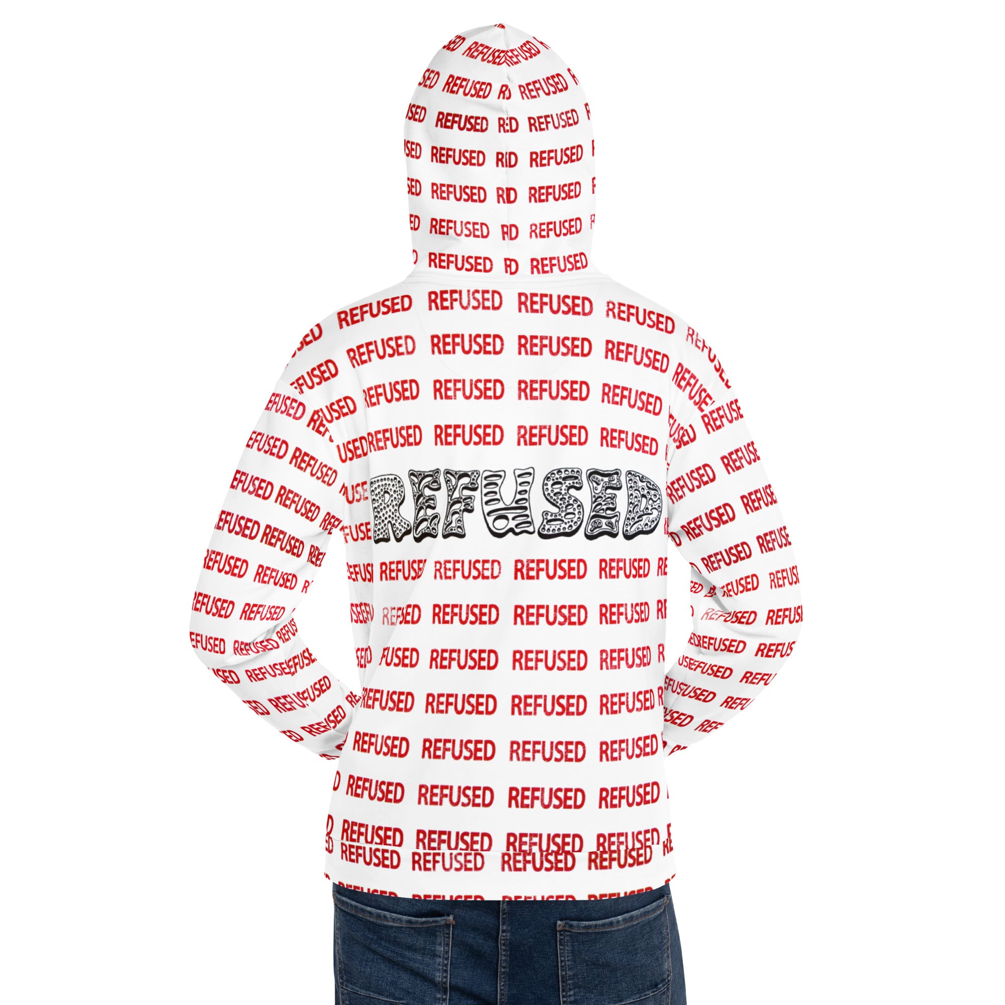 Back view on model with hood up, highlighting the large “REFUSED” back graphic and full wraparound pattern; hem and cuffs shown for fit reference.  Refused in a red repeating pattern designed by Nicholas Hayes.